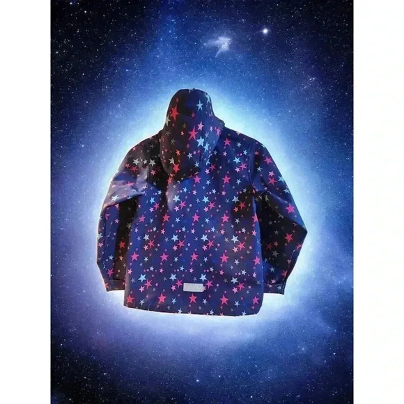 Top & Sky Hooded Rain Coat Girls Size 130 Cosmic Colorful Stars Jersey Lined - Picture 2 of 4